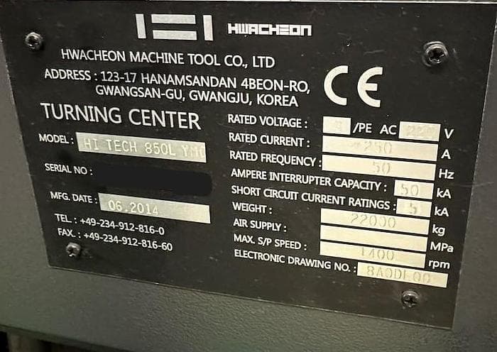 Горизонтальный токарно-фрезерный обрабатывающий центр с ЧПУ 2014 HWACHEON Hi-TECH 850L YMC-ID17135