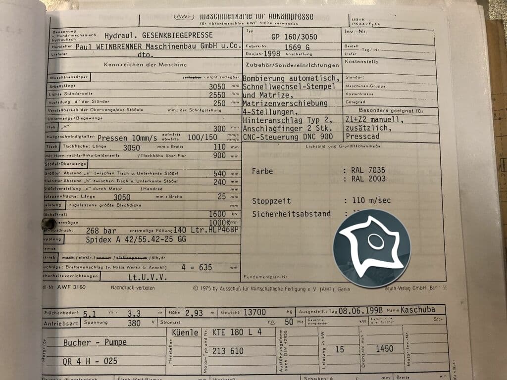 Листогибочный гидравлический пресс с ЧПУ Weinbrenner GP 160 / 3050-ID14907
